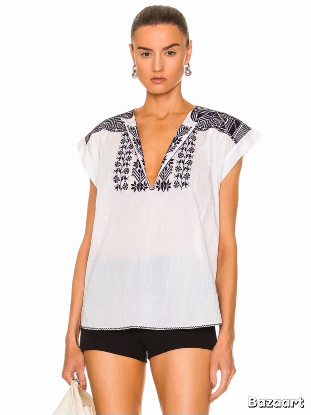 Nili Lotan Aurielle Top Ivory Blue Embroidery Cotton Blouse Size S